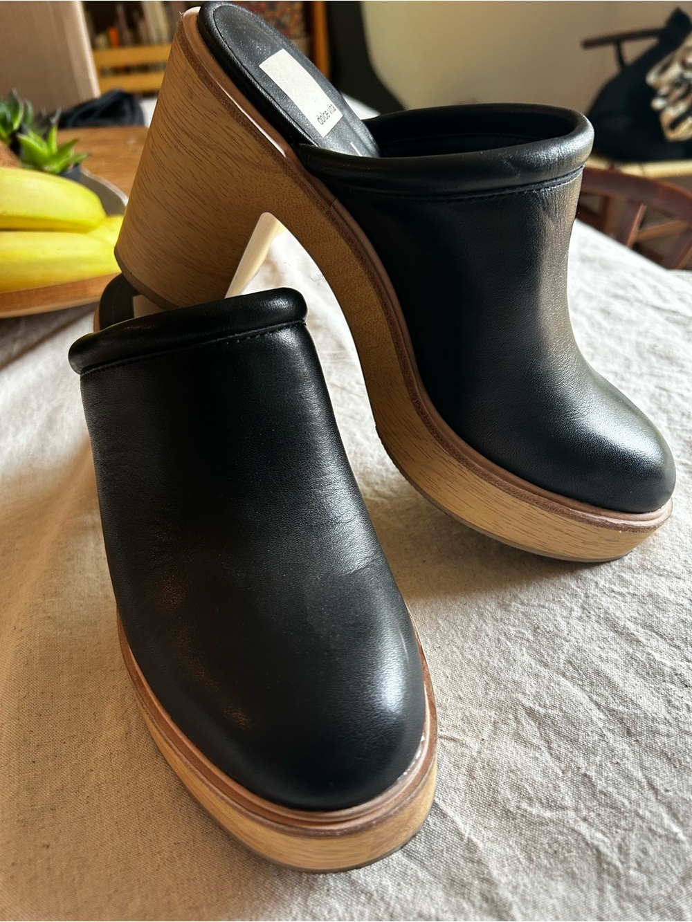 Dolce Vita Black Leather Platform Mules with Wood-Effect Heel
